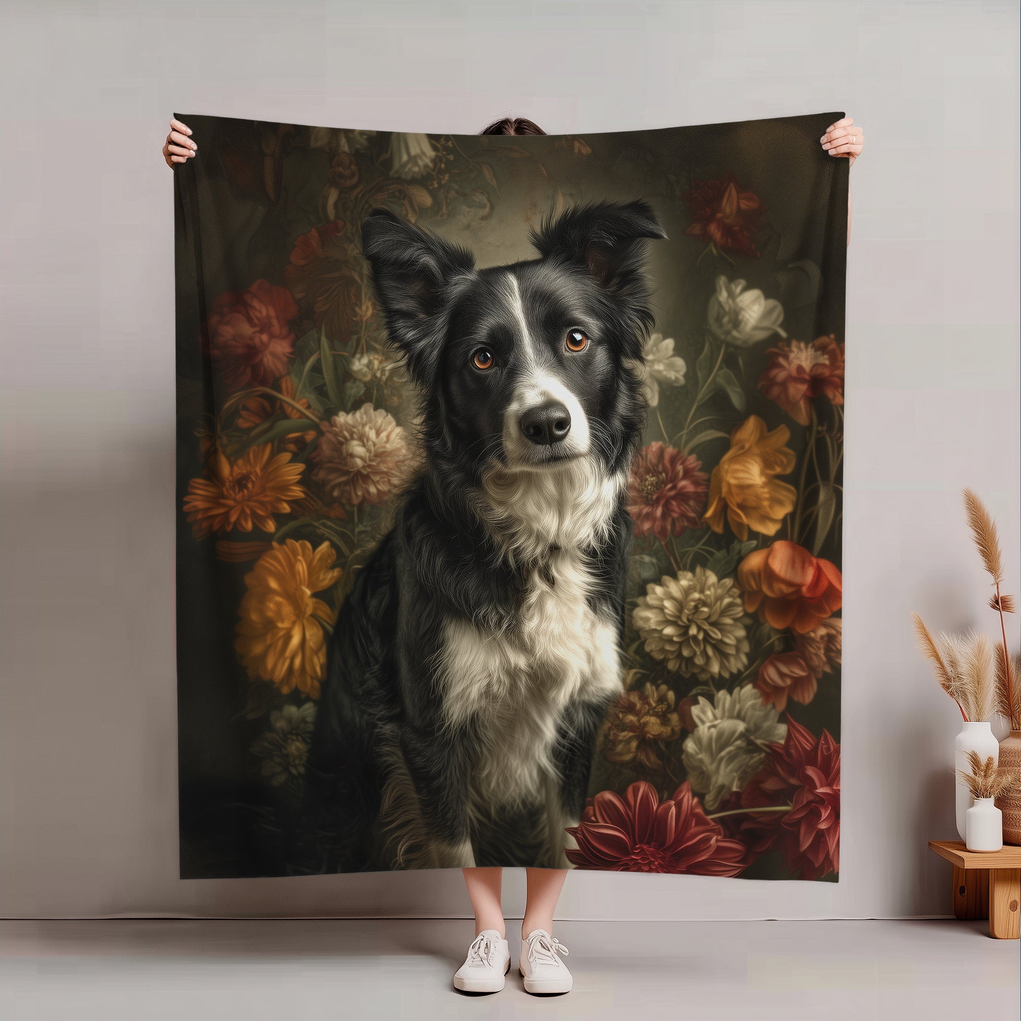 Botanical Border Collie Plush Blanket