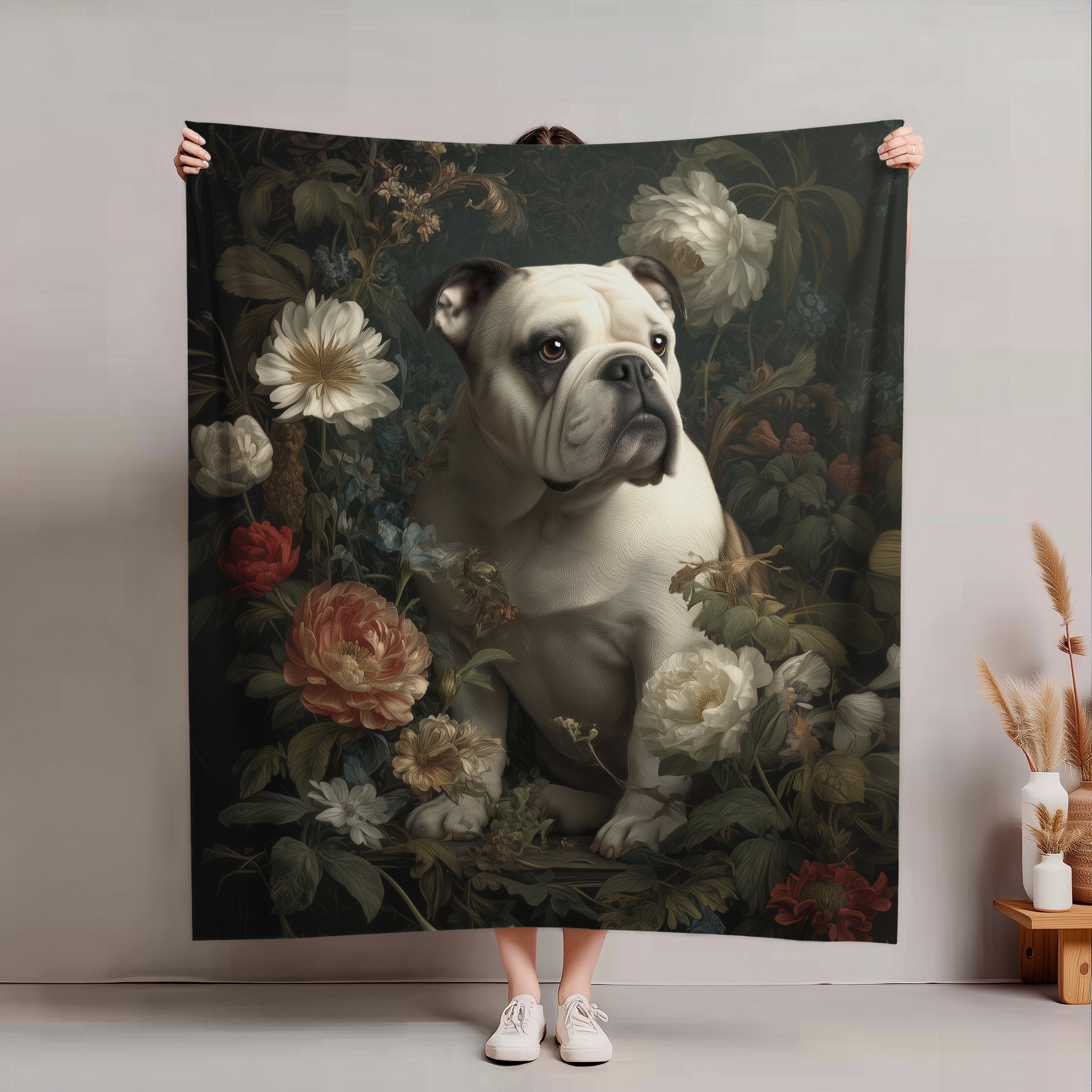 Botanical Bulldog Plush Blanket