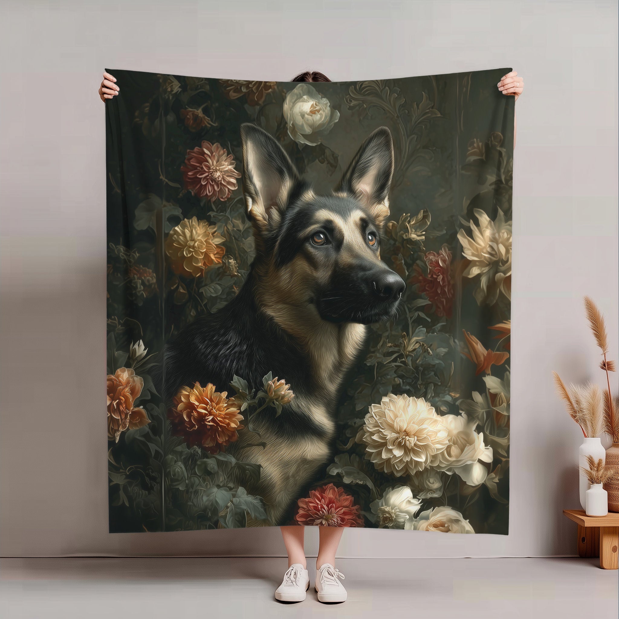 Botanical German Shepherd Plush Blanket