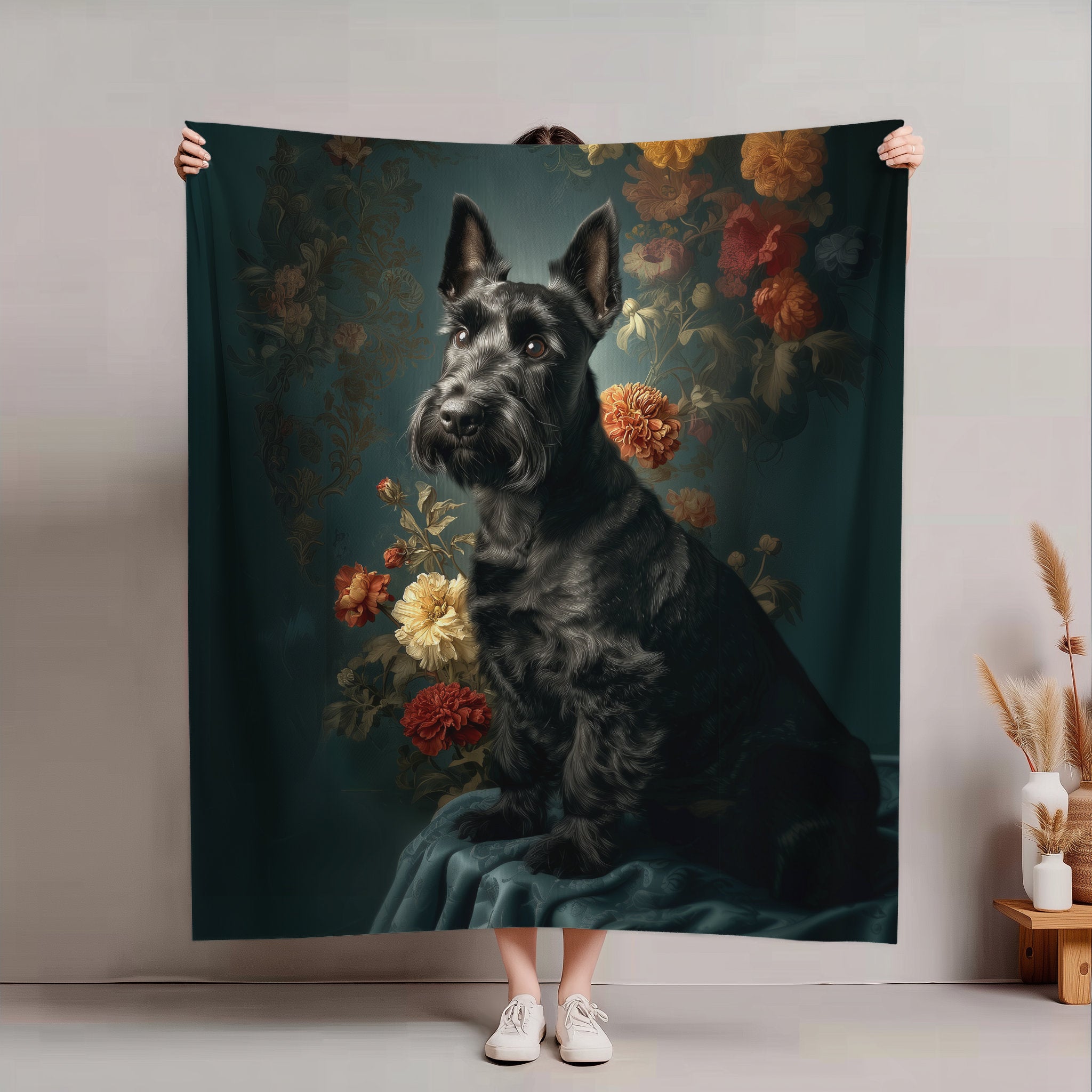 Botanical Scottish Terrier Plush Blanket