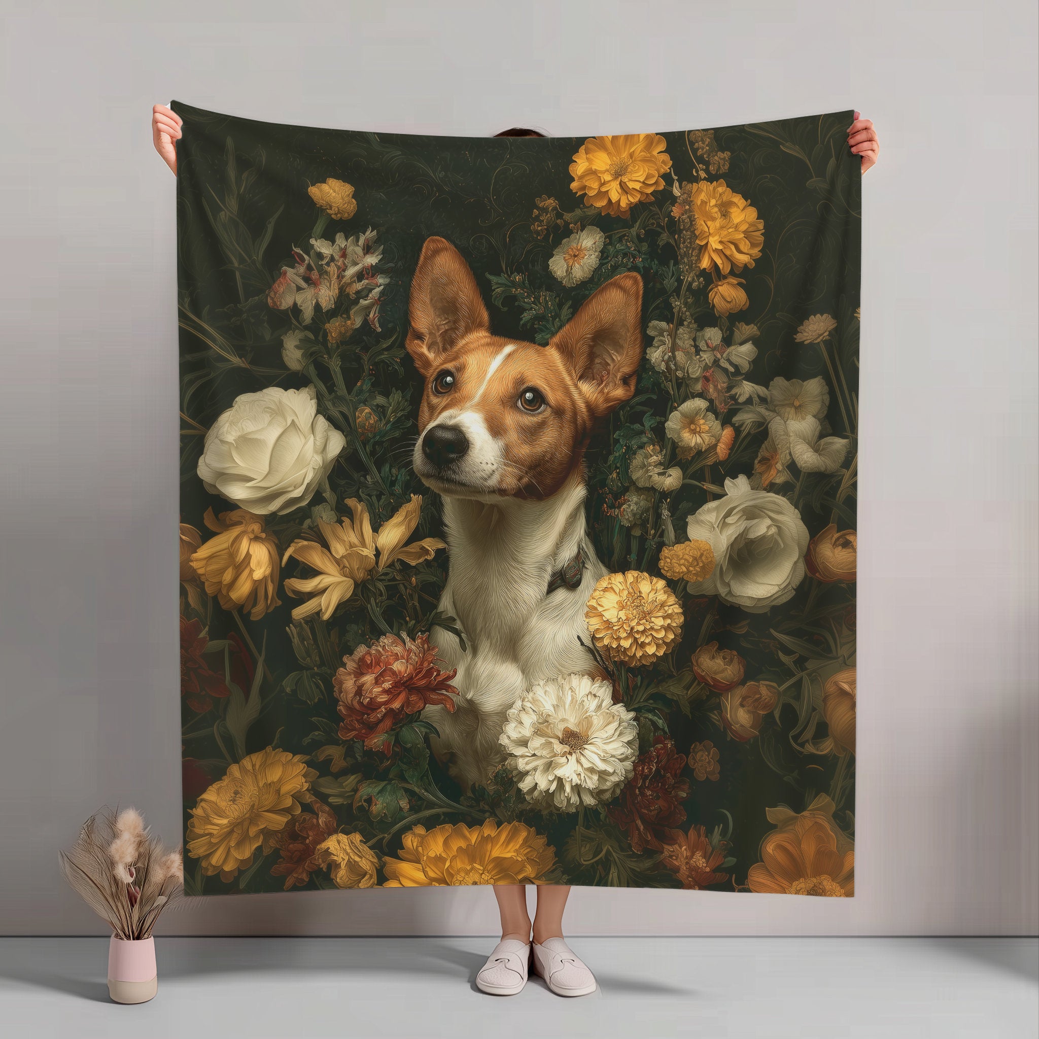 Botanical Basenji Plush Blanket