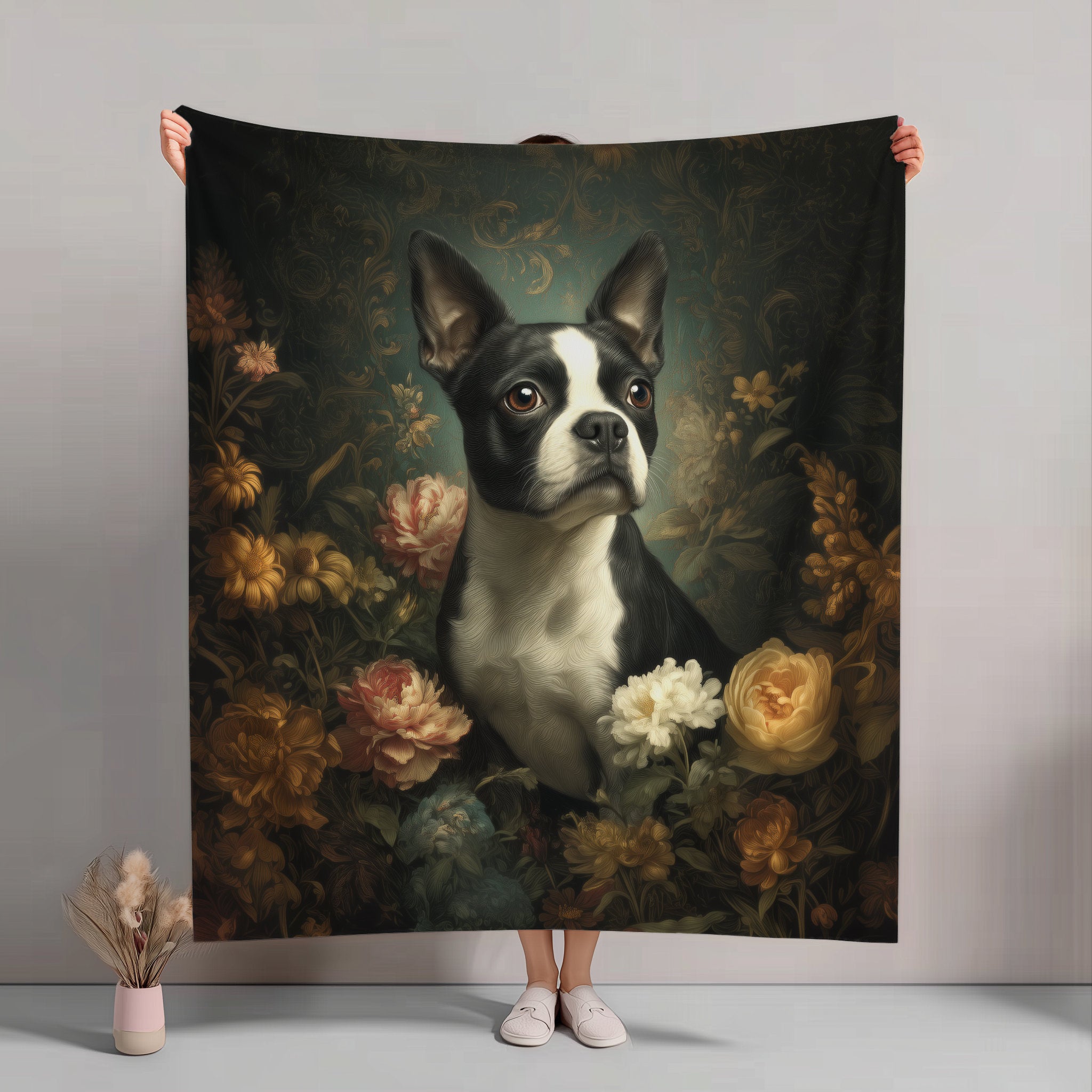 Botanical Boston Terrier Plush Blanket