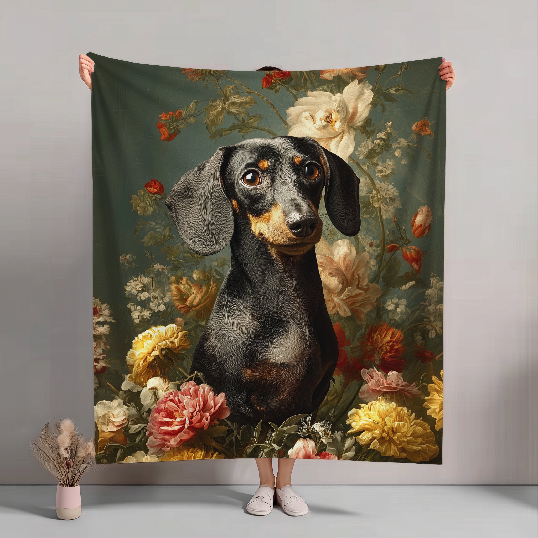 Botanical Dachshund Plush Blanket
