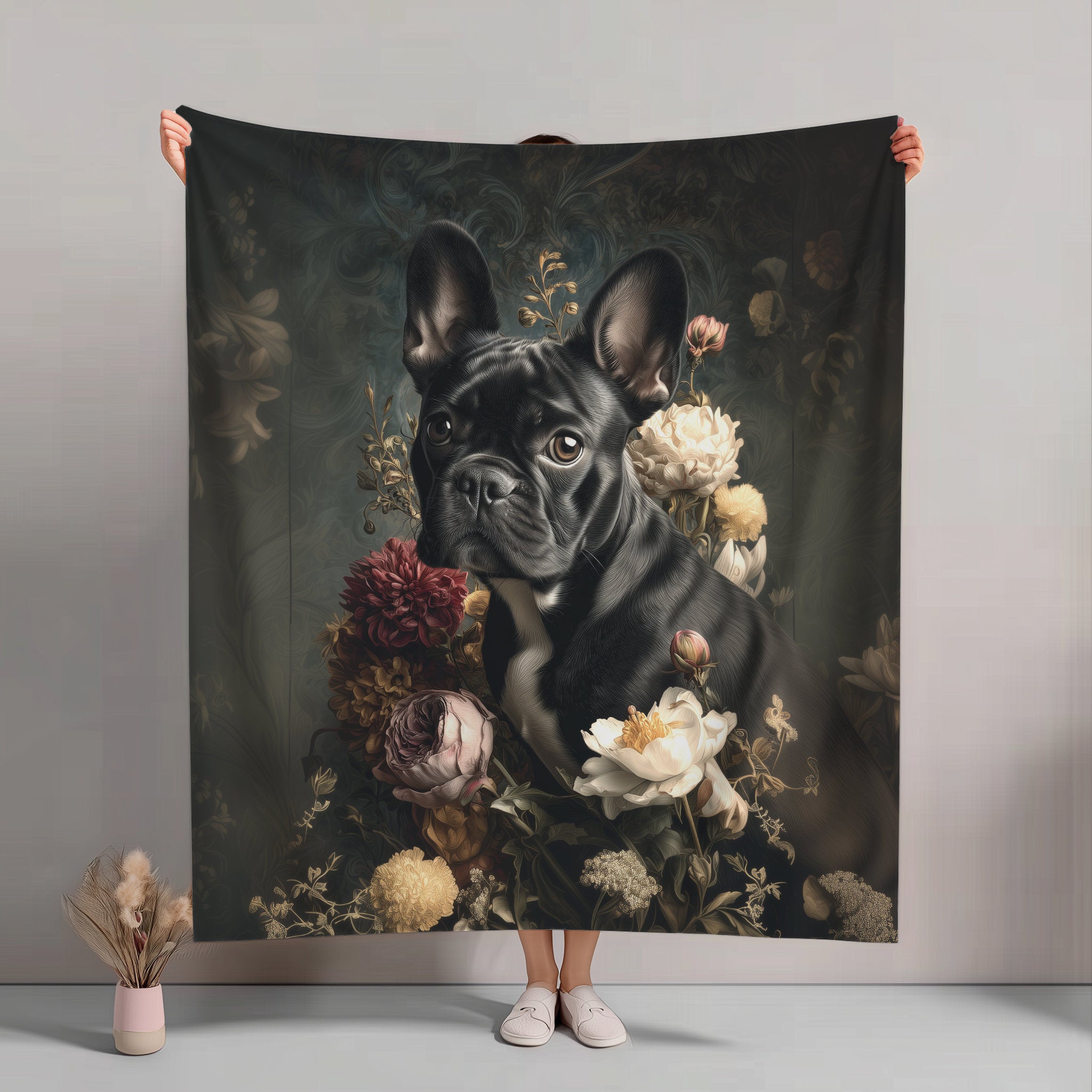 Botanical French Bulldog Plush Blanket