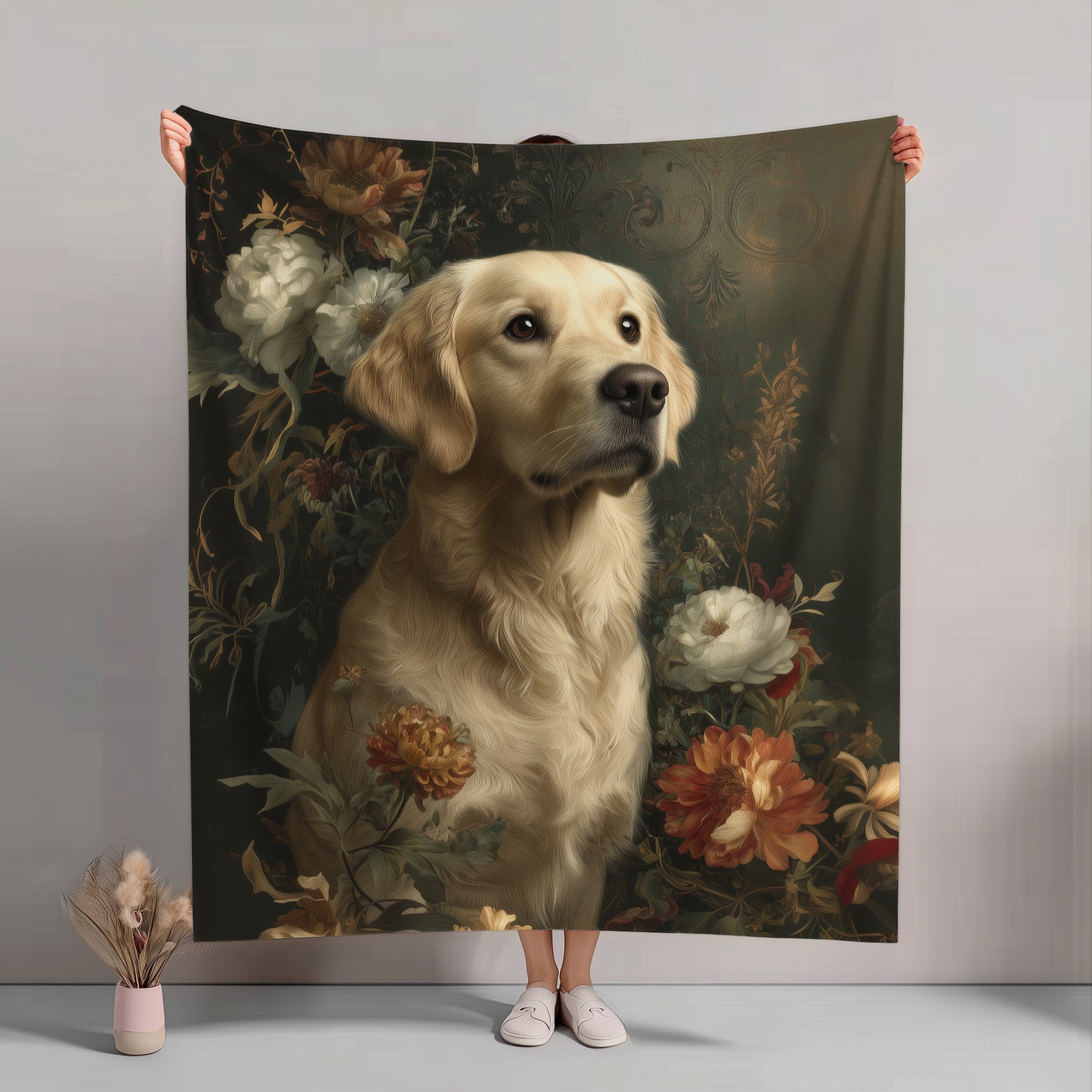 Botanical Golden Retriever Plush Blanket