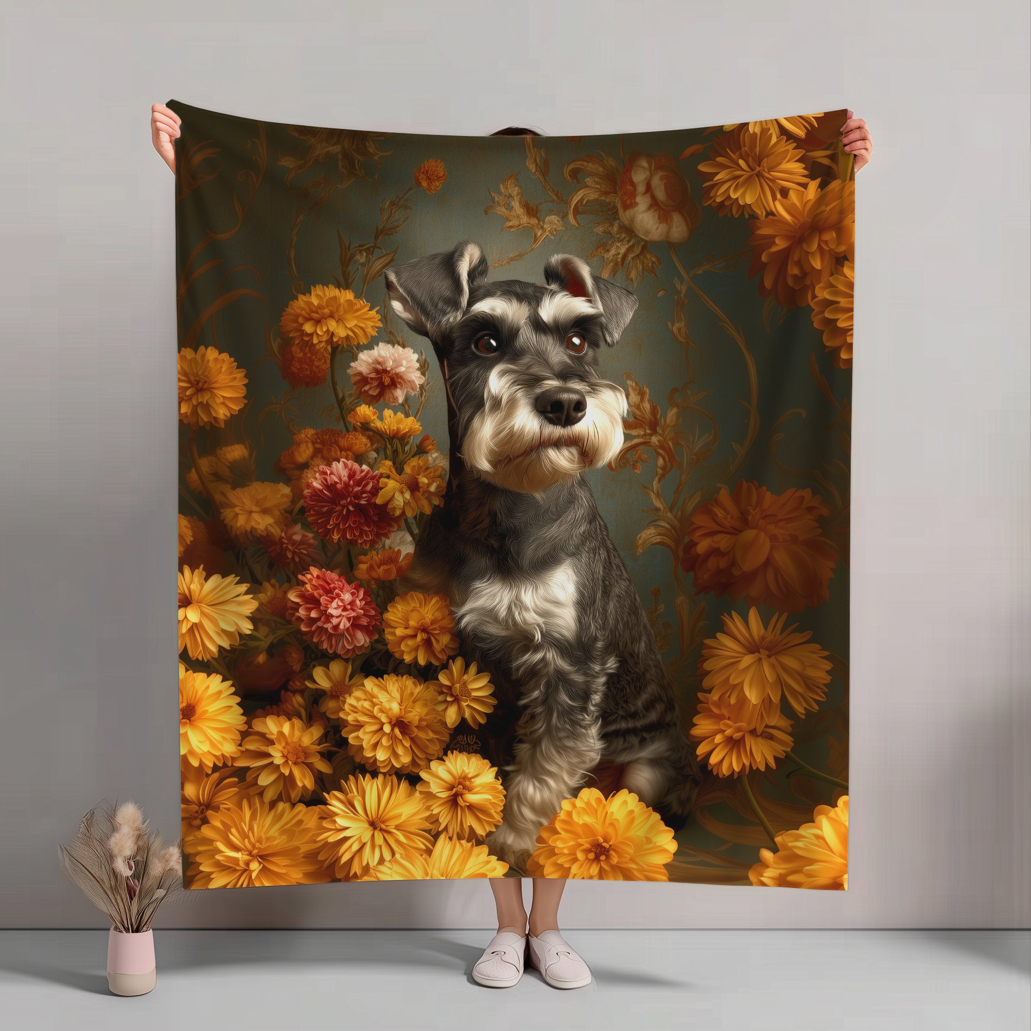 Botanical Miniature Schnauzer Plush Blanket