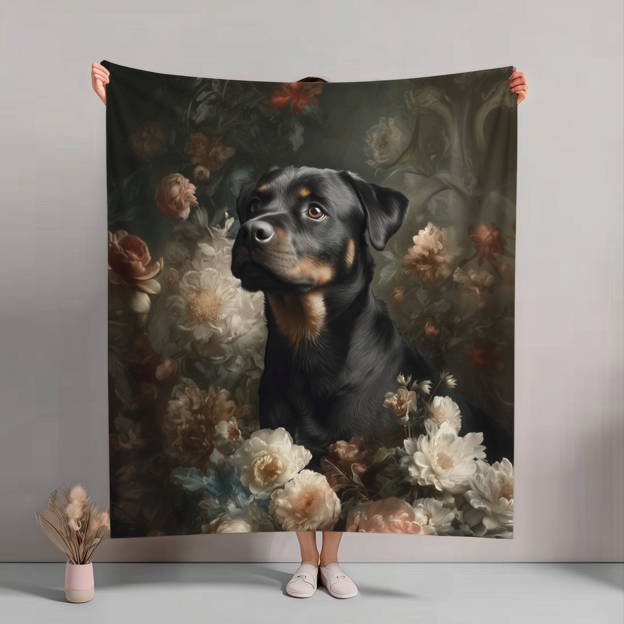 Botanical Rottweiler Plush Blanket