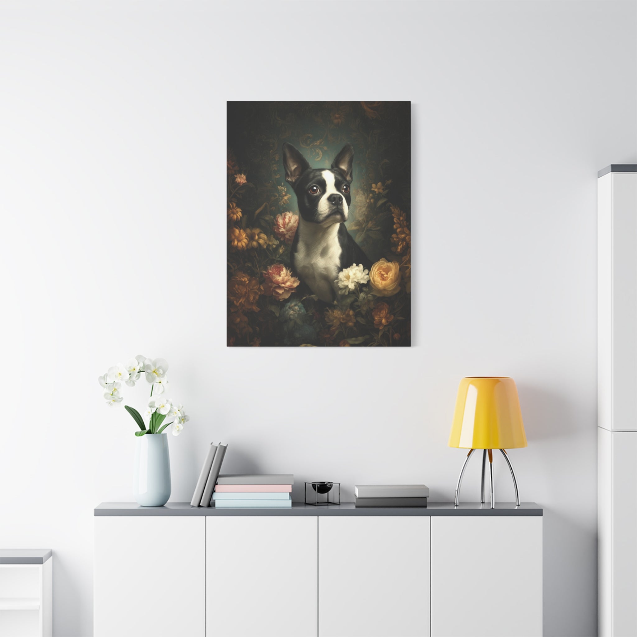 Botanical Boston Terrier Canvas Art