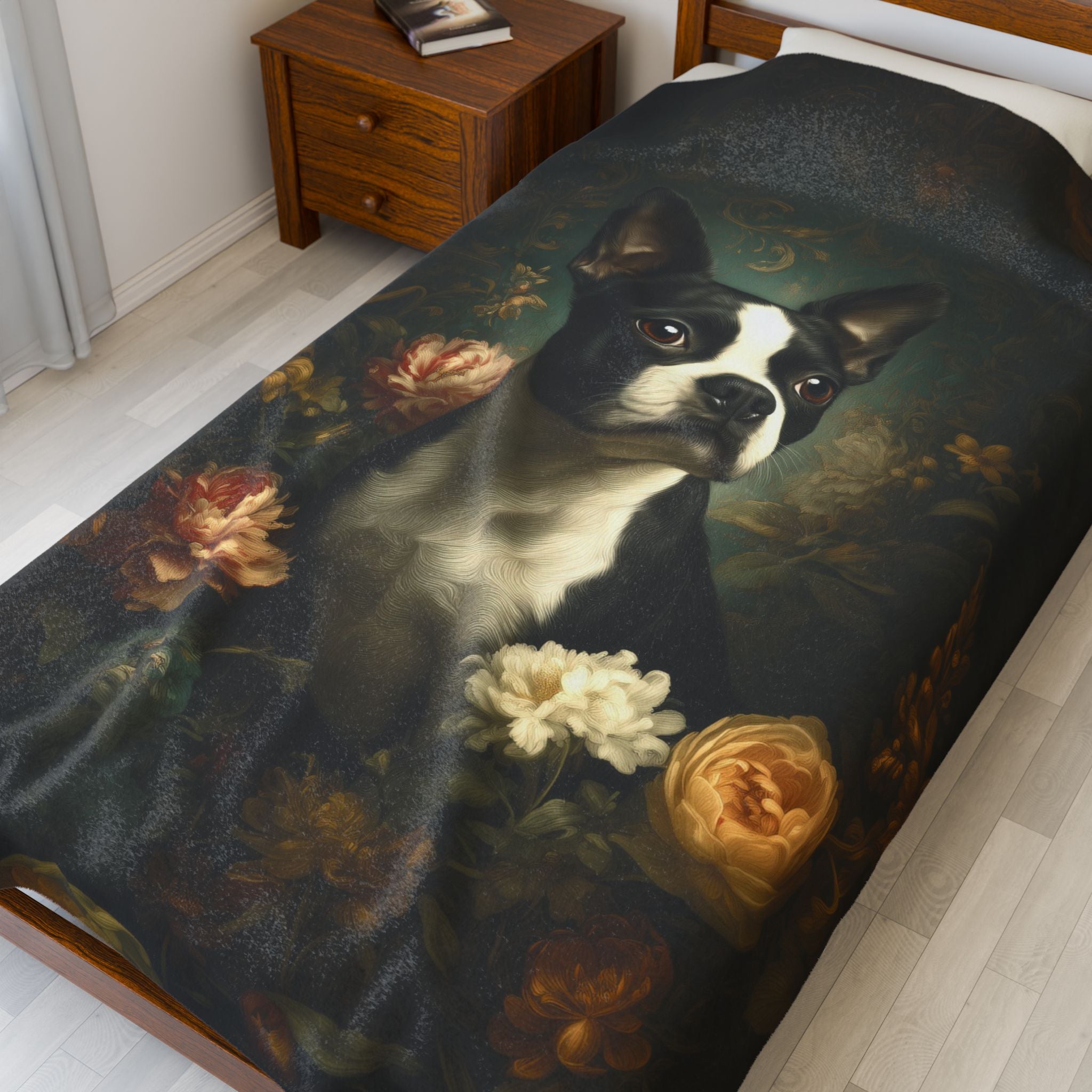 Botanical Boston Terrier Plush Blanket