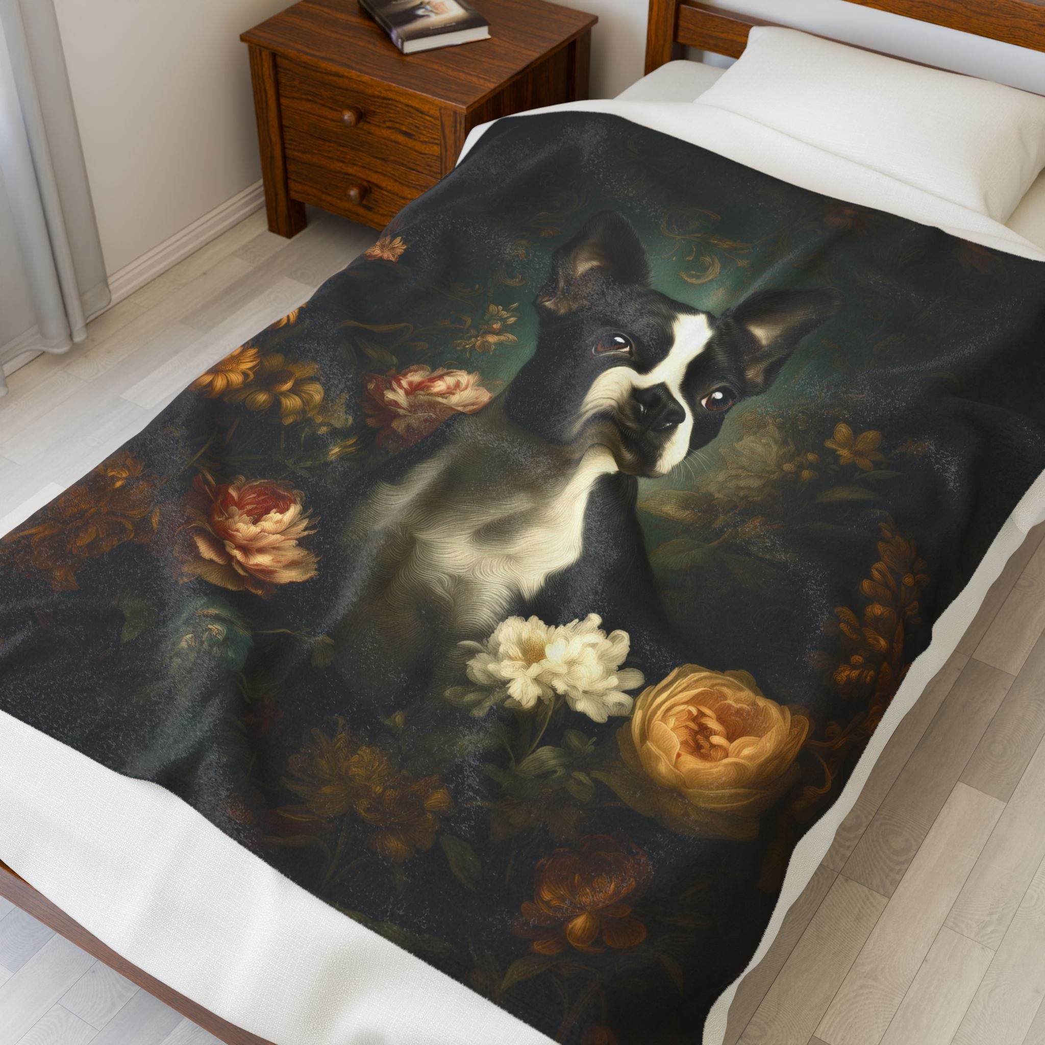 Botanical Boston Terrier Plush Blanket