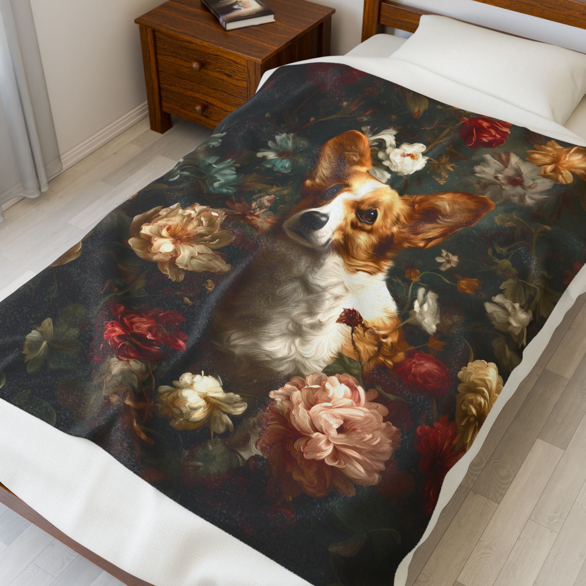 Botanical Corgi Plush Blanket