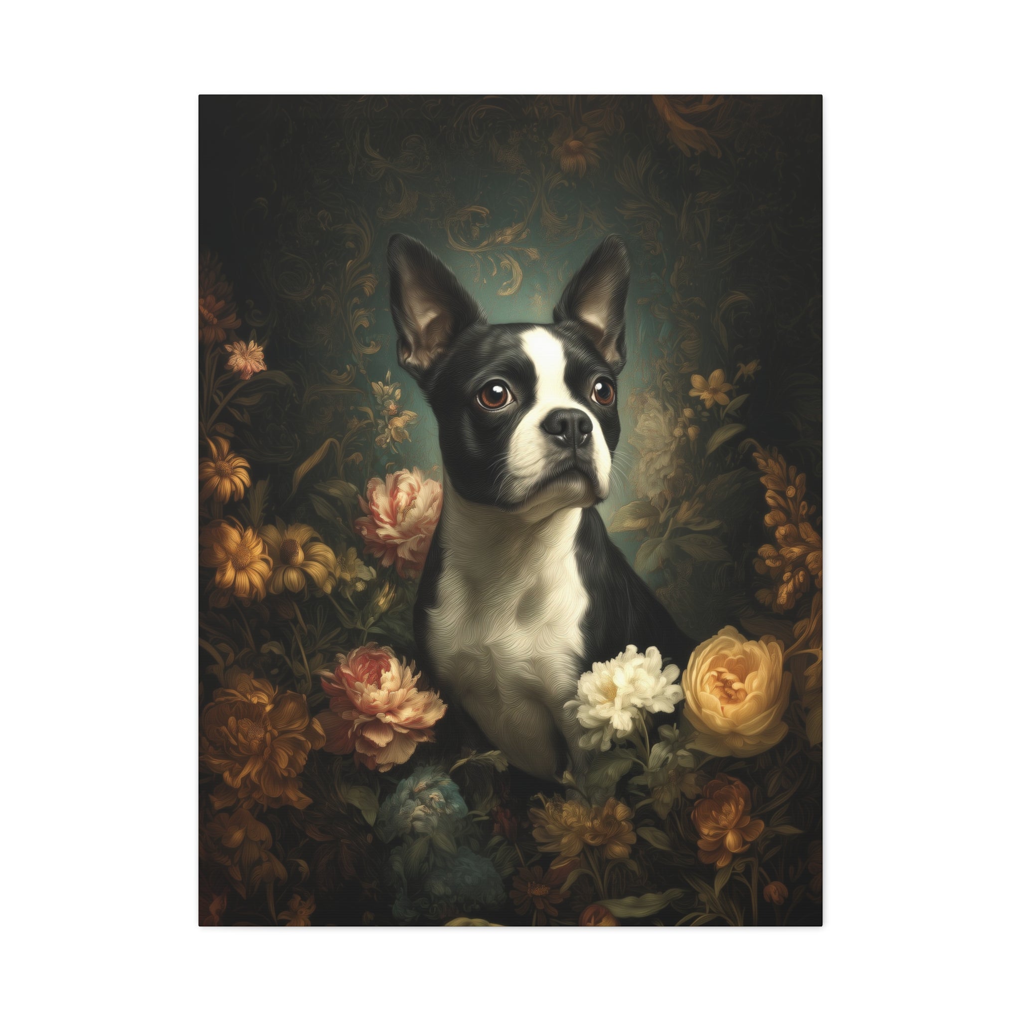 Botanical Boston Terrier Canvas Art