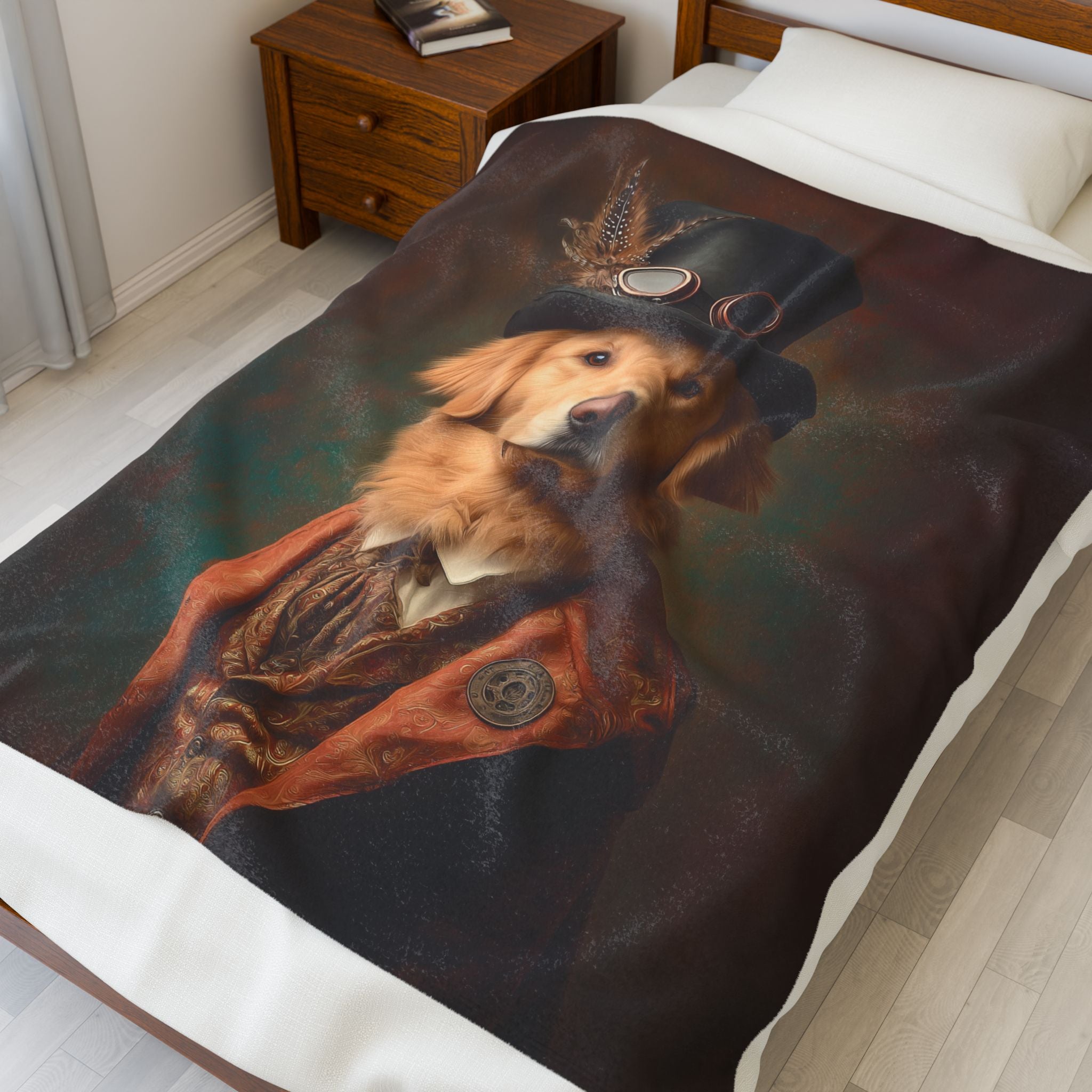 Steampunk Golden Retriever Plush Blanket