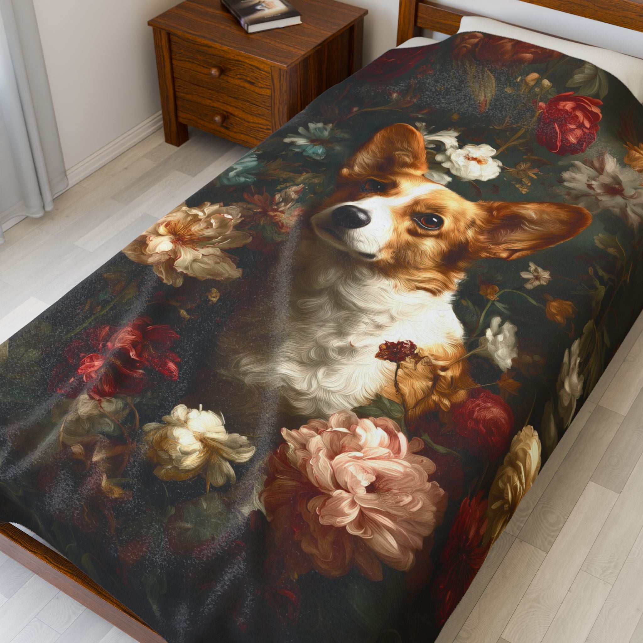 Botanical Corgi Plush Blanket