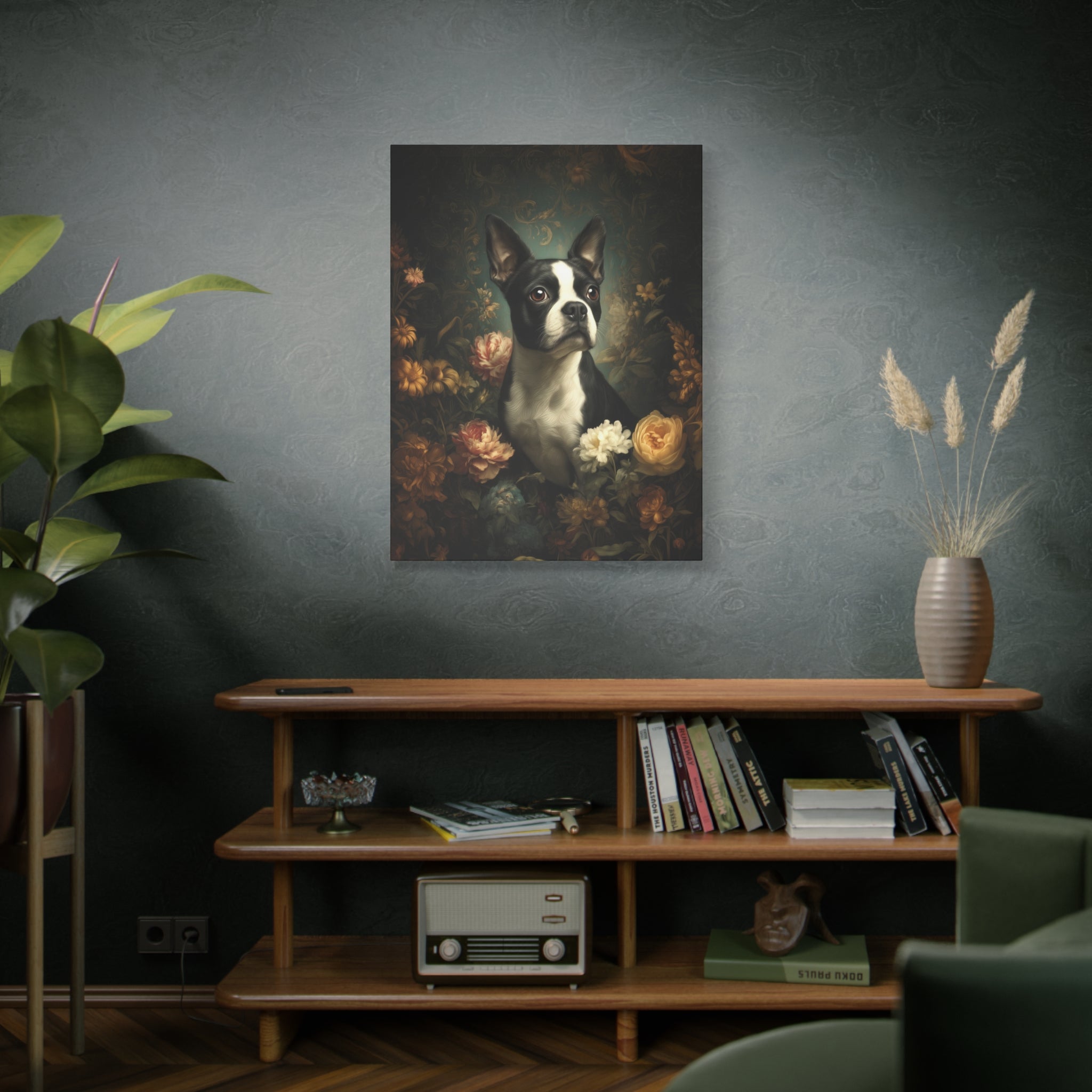 Botanical Boston Terrier Canvas Art