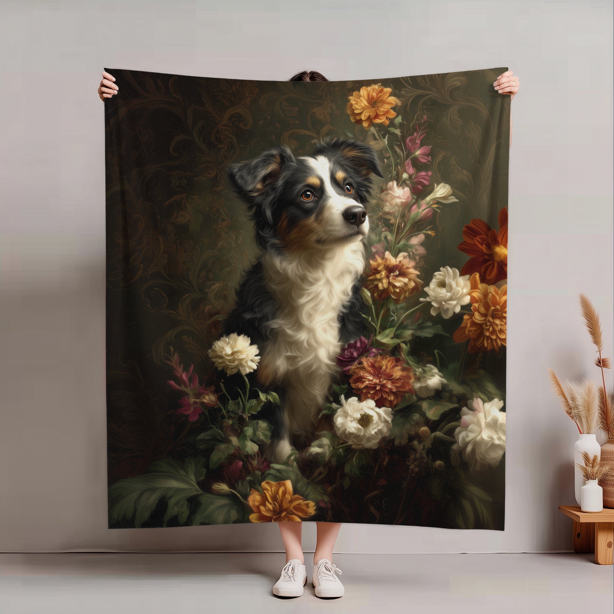 Botanical Australian Shepherd Plush Blanket