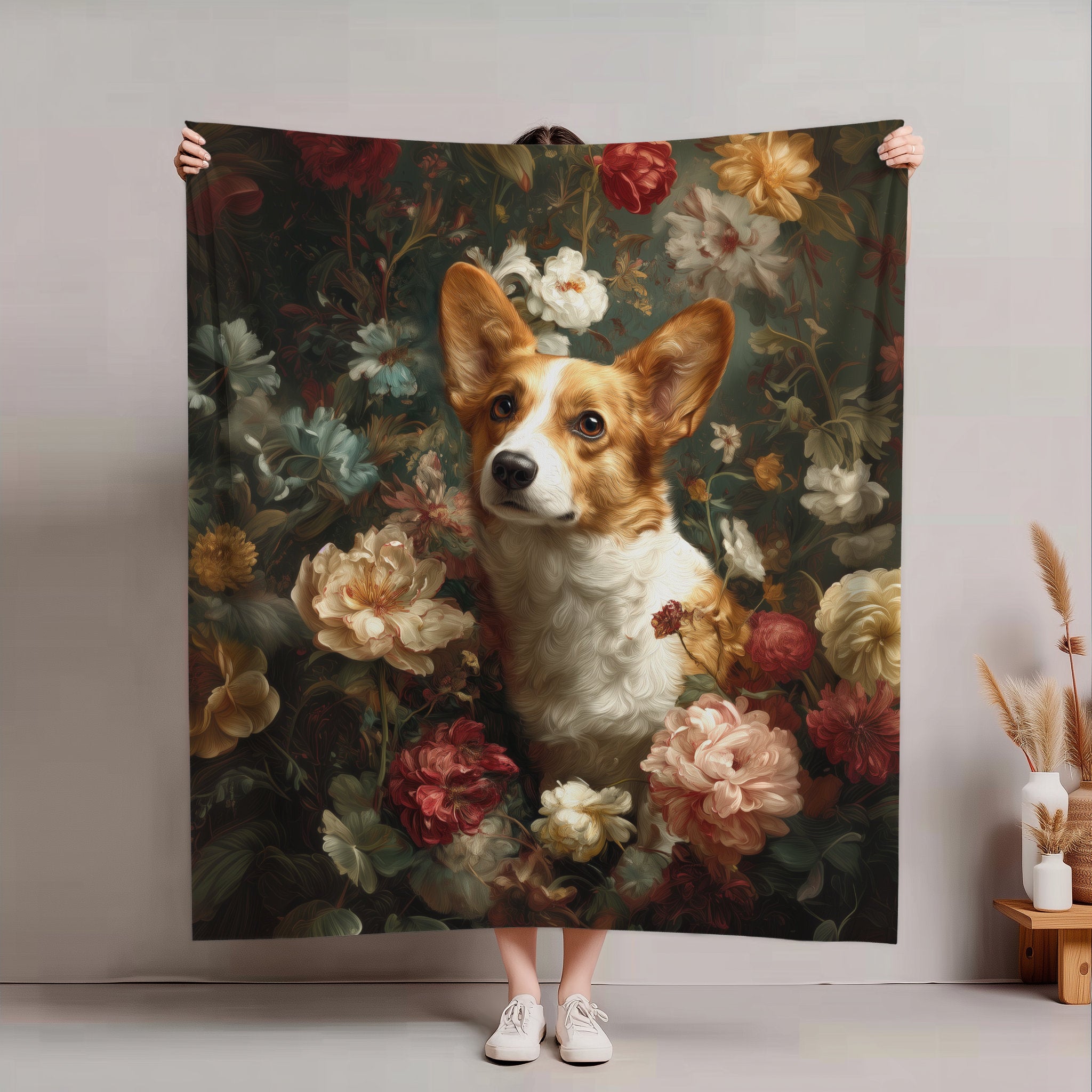 Botanical Corgi Plush Blanket
