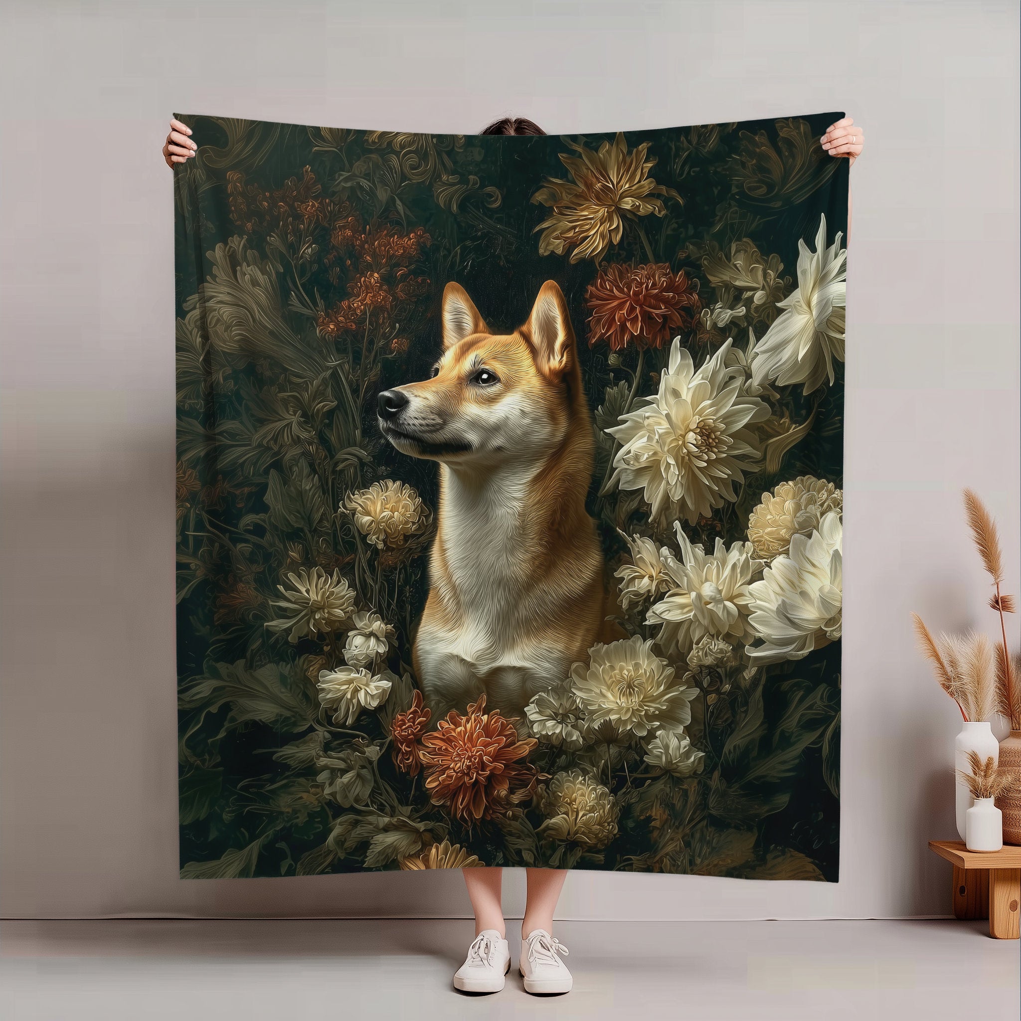 Botanical Shiba Inu Plush Blanket