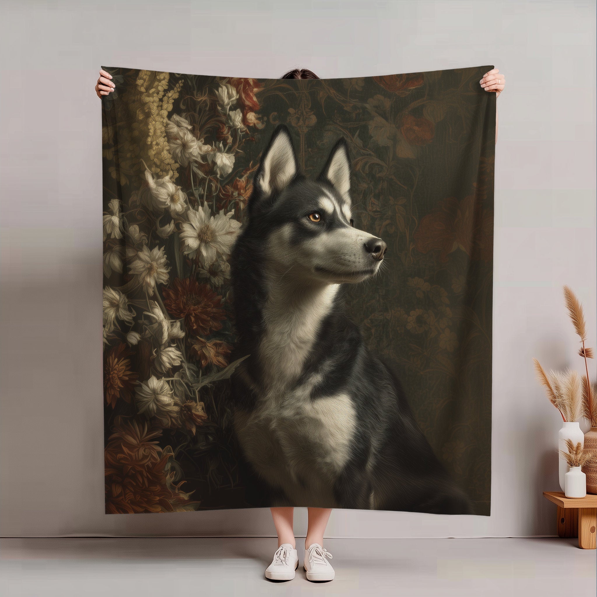 Botanical Siberian Husky Plush Blanket