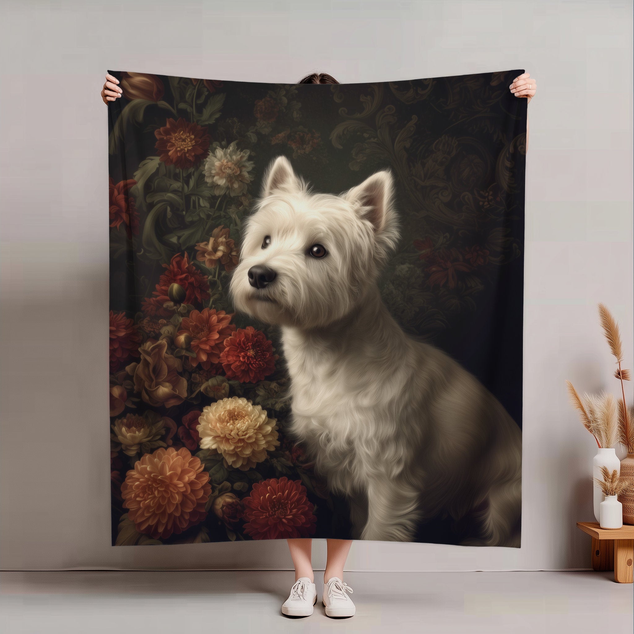 Botanical Westie Plush Blanket