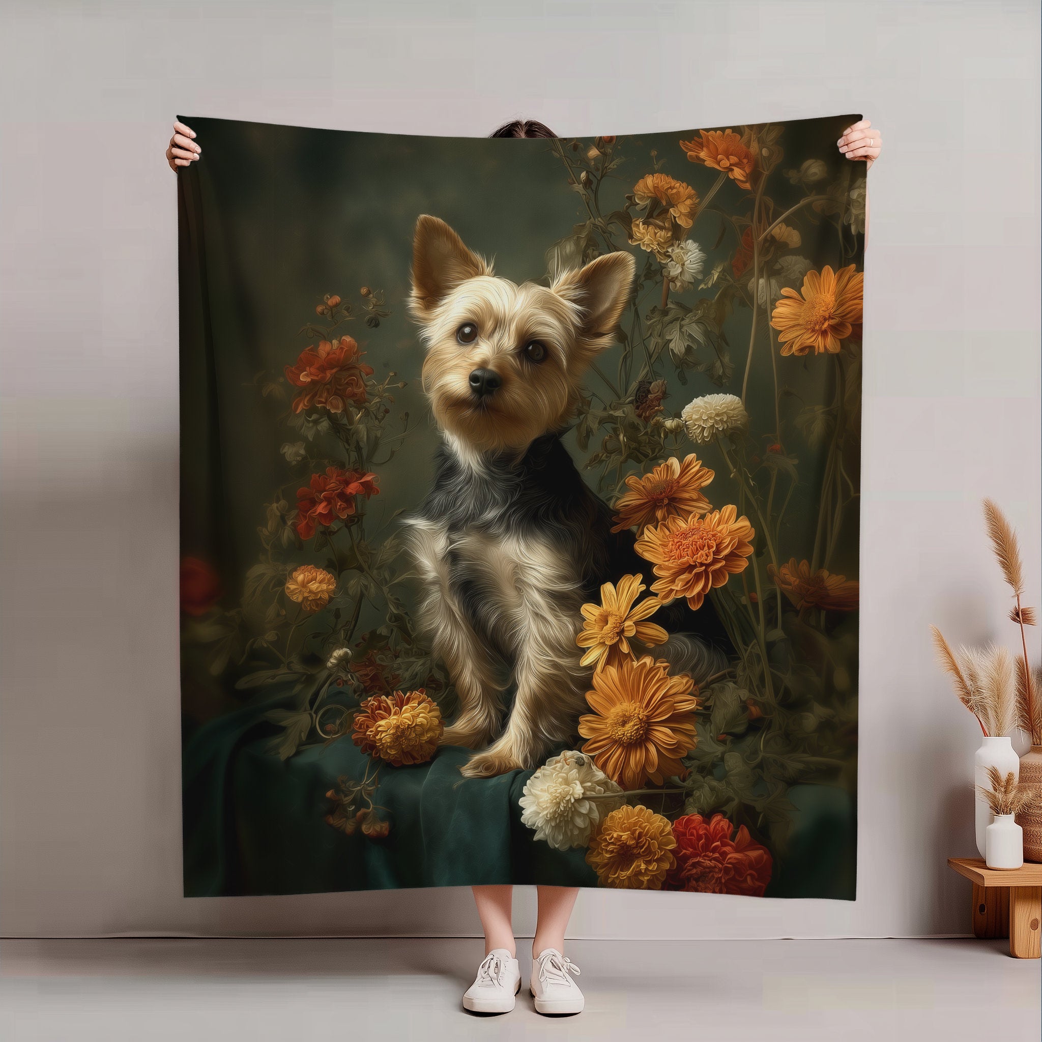 Botanical Yorkshire Terrier Plush Blanket