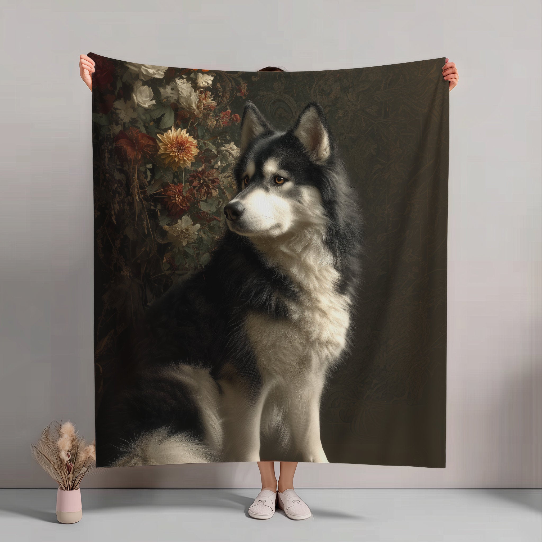 Botanical Alaskan Malamute Plush Blanket