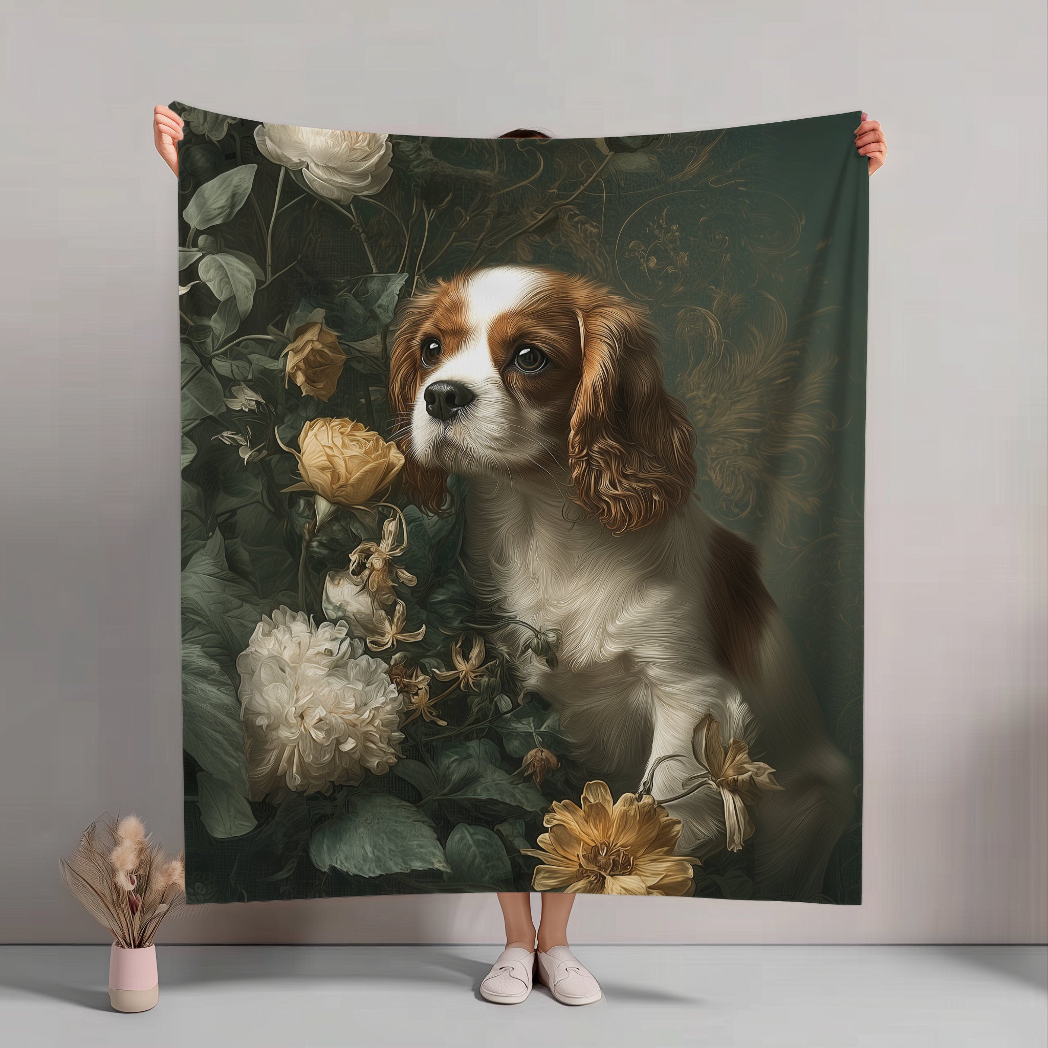 Botanical Cavalier King Charles Spaniel Plush Blanket