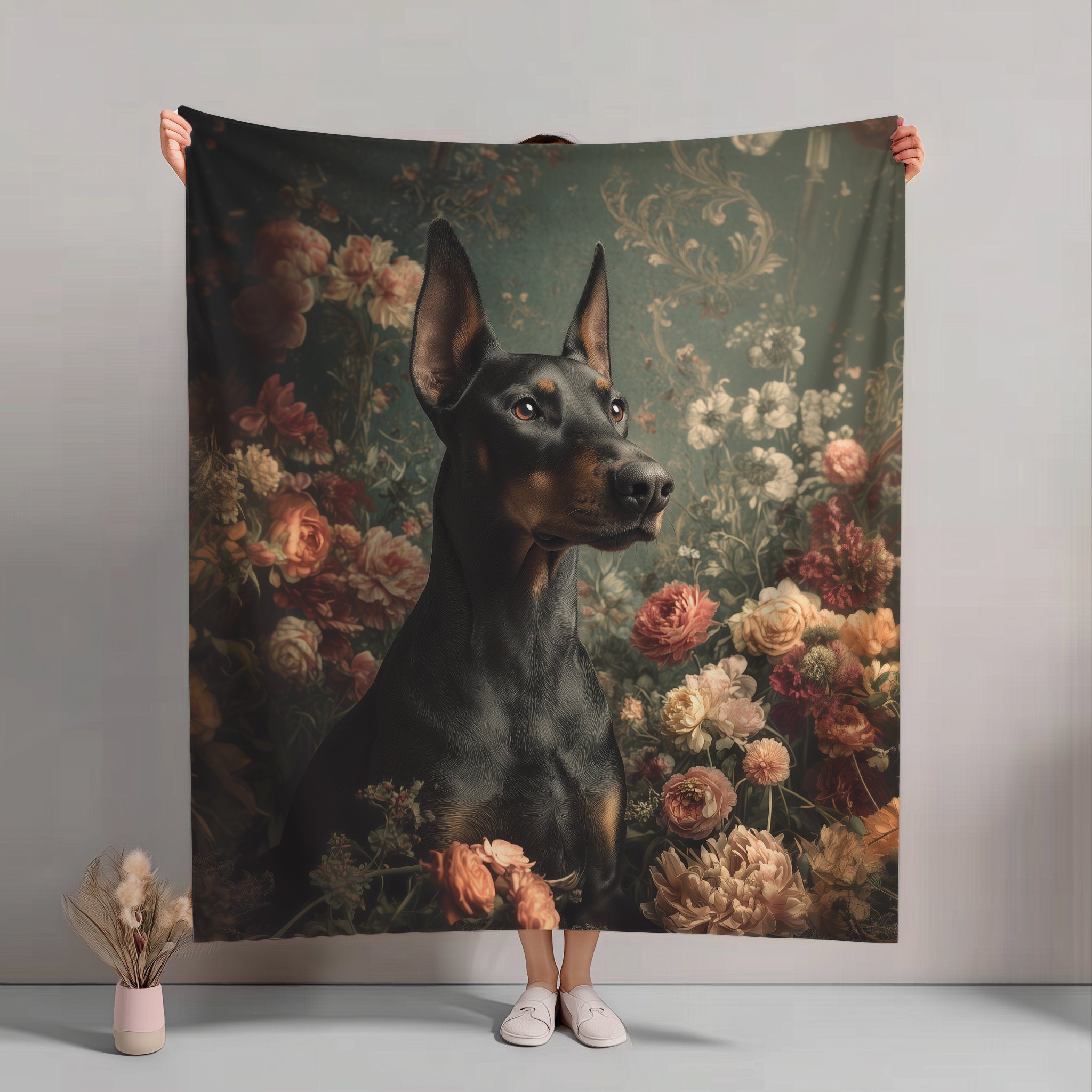 Botanical Doberman Pinscher Plush Blanket