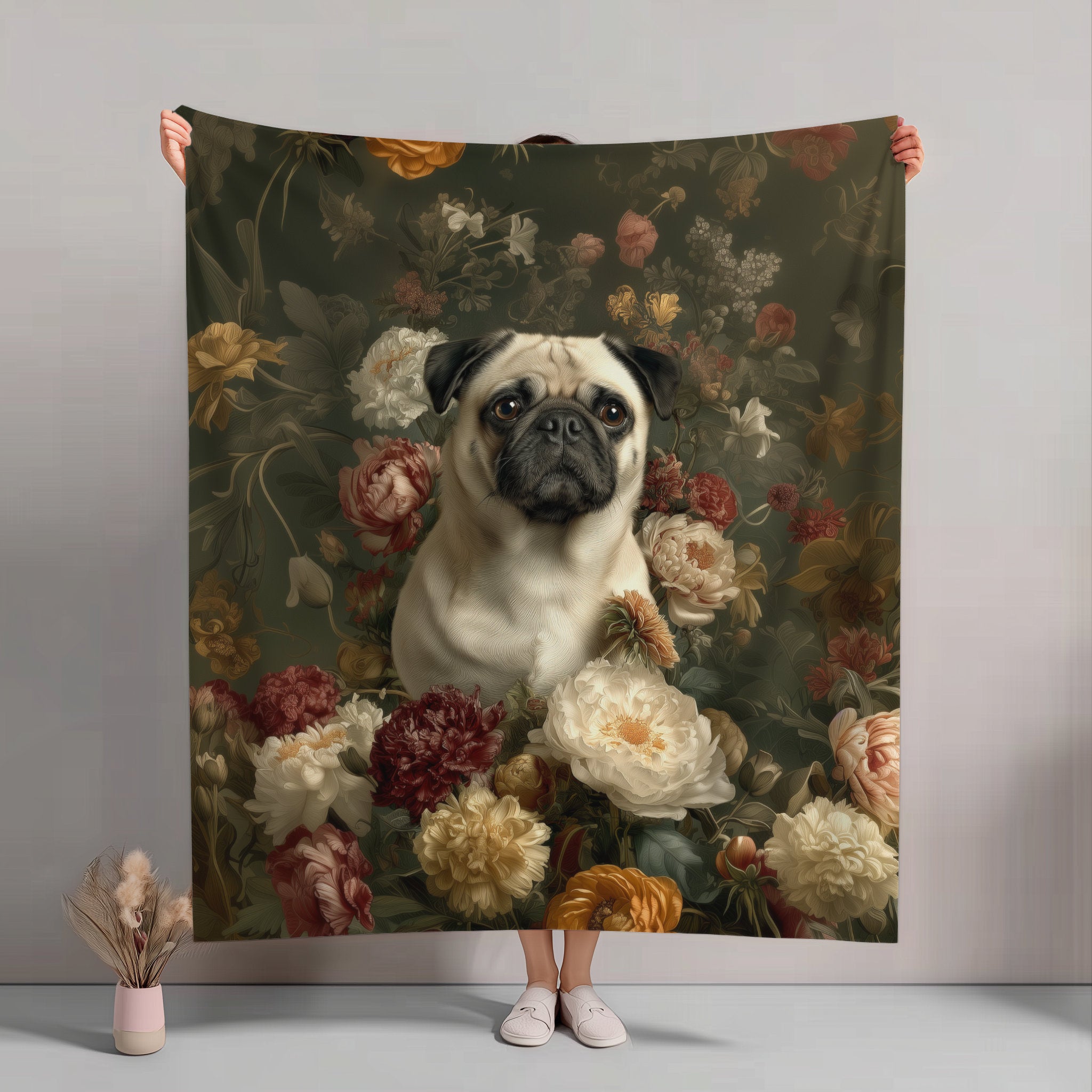 Botanical Pug Plush Blanket