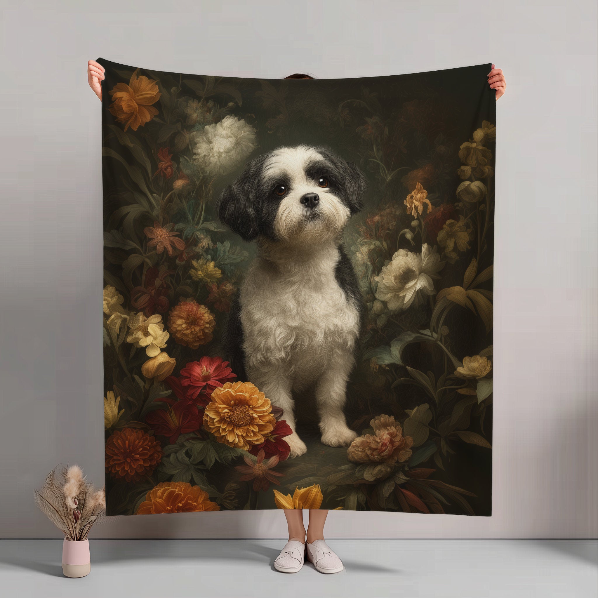 Botanical Shih Tzu Plush Blanket