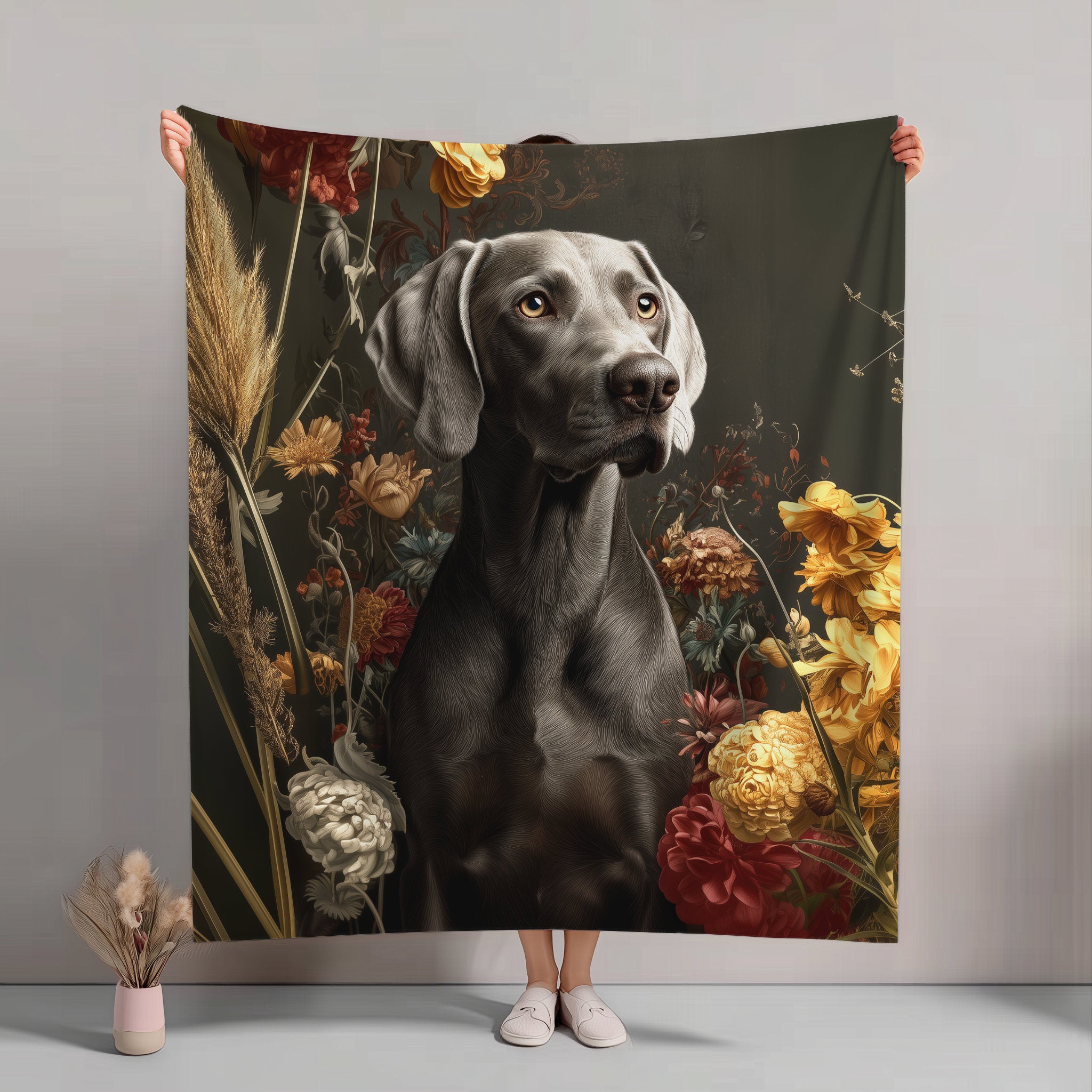 Botanical Weimaraner Plush Blanket