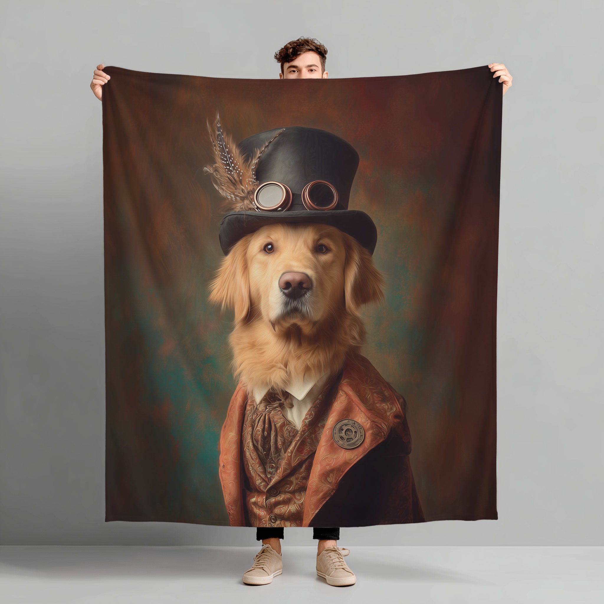 Steampunk Golden Retriever Plush Blanket